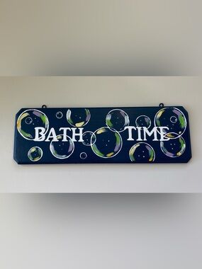 Original Art hand painted Navy Blue Bath Time bubble wood plaque